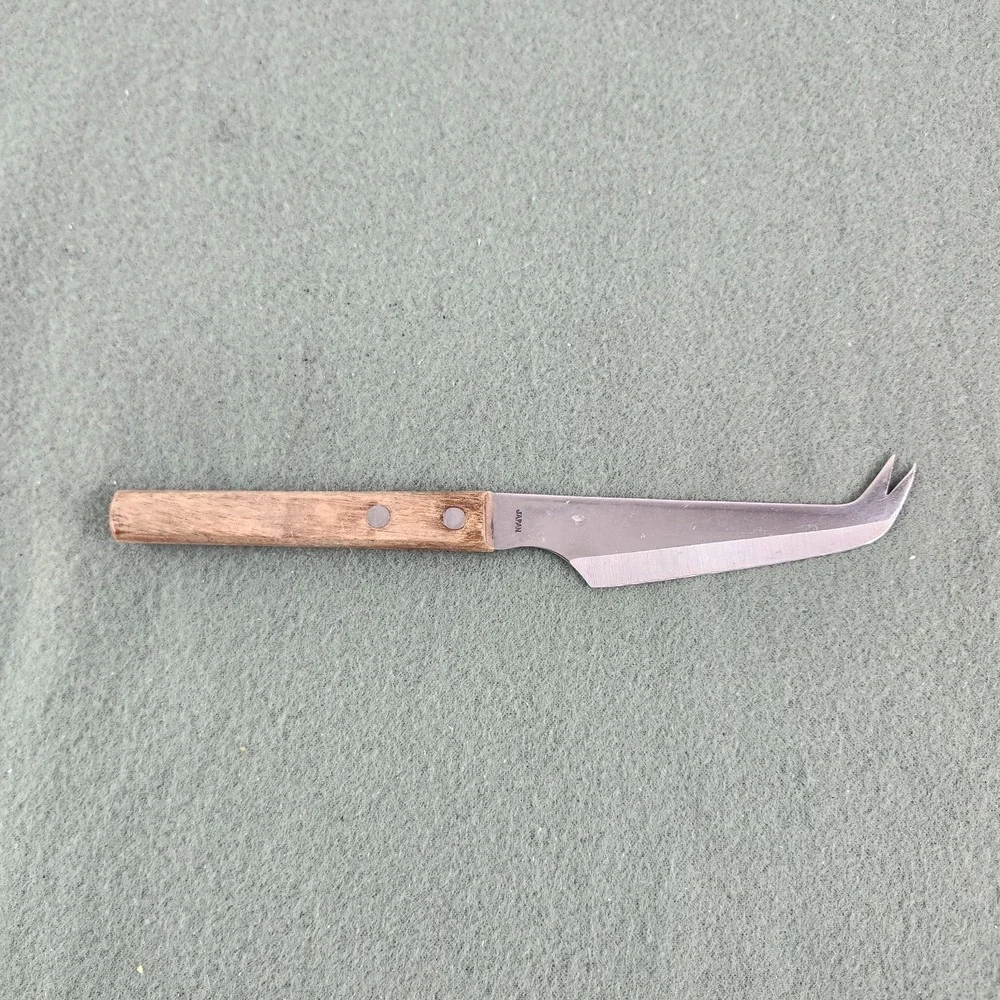 Kane Kut Stainless Japan Cheese Knife Vintage Two Prong Blade Wood Handle Tool